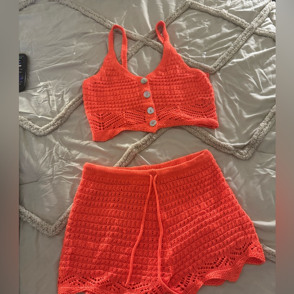 Crochet Knit 2-Piece Set – Orange Button Crop Top & Drawstring Shorts (Size M)